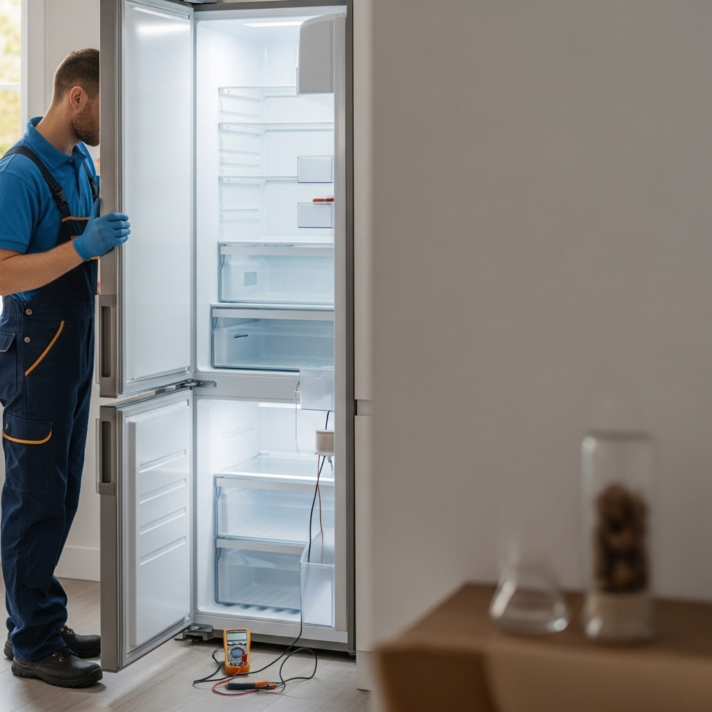 A man in overalls stands beside an open refrigerator, examining its contents with a thoughtful expression.