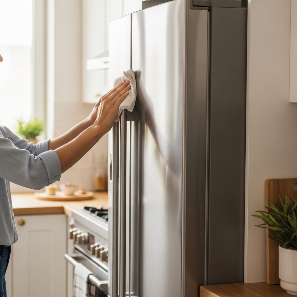 A woman is cleaning the inside of a refrigerator in a modern kitchen, surrounded by various food items.