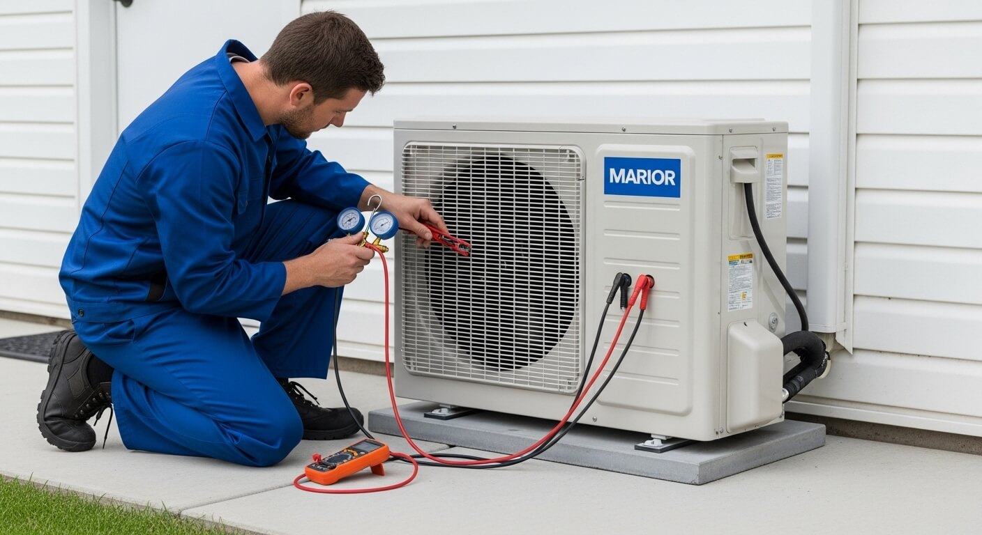 A man repairs an air conditioner, focused on the unit with tools in hand, in a well-lit indoor setting.