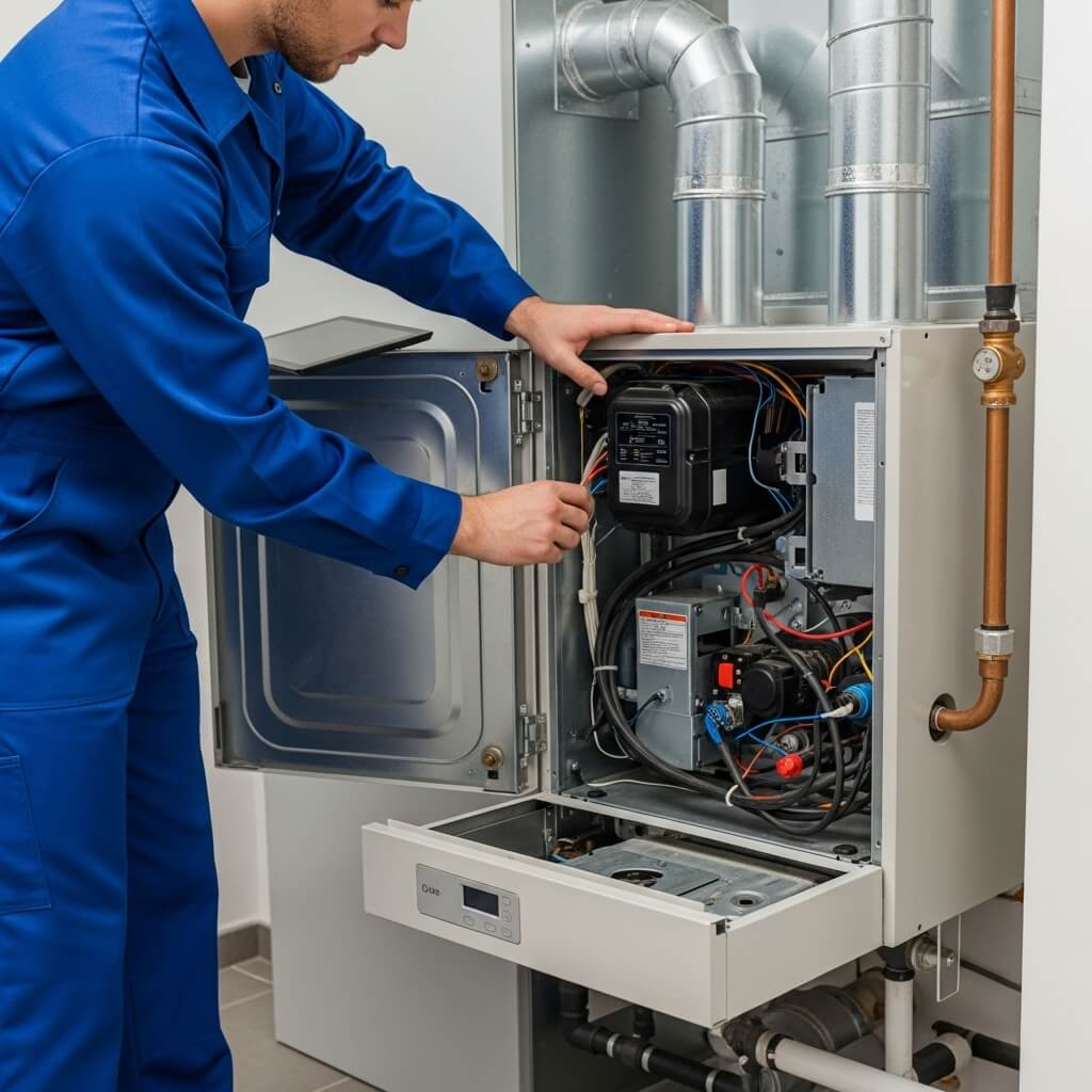 A man in blue overalls repairs a gas furnace, focused on his work in a well-lit workshop.