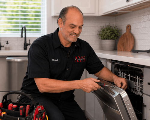 A man in blue overalls repairs a gas furnace, focused on his work in a well-lit workshop.