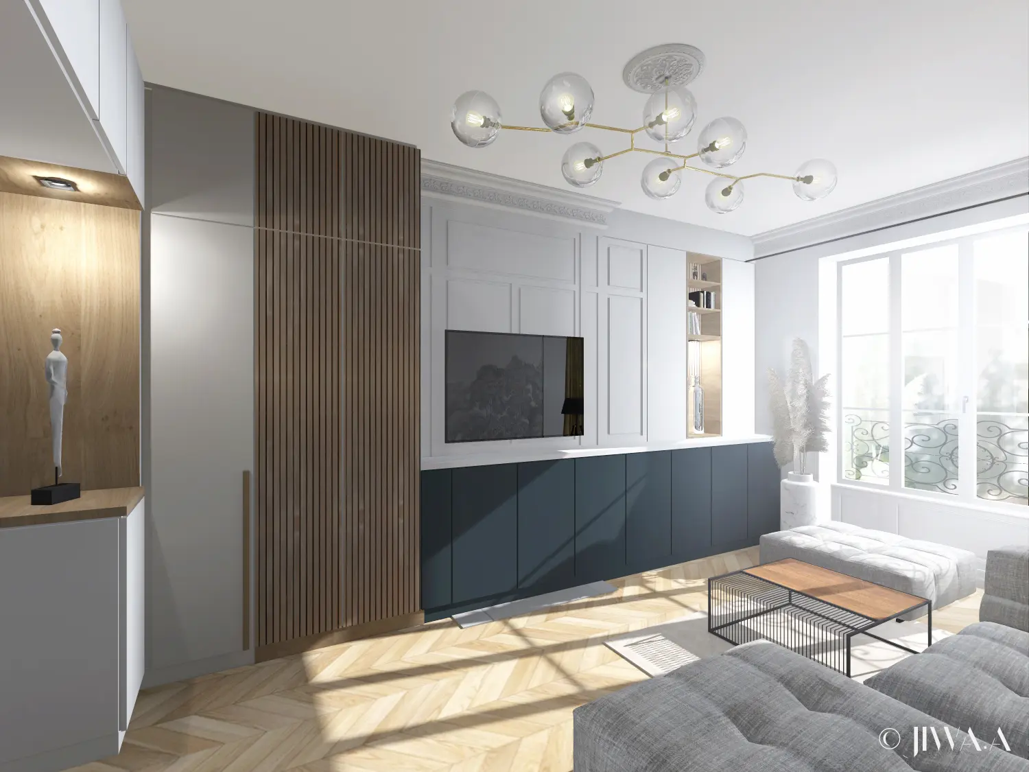 Rendu 3D d’un salon élégamment rénové, intégrant un meuble TV sur mesure mêlant panneaux bois, rangements laqués et moulures classiques dans un intérieur lumineux.