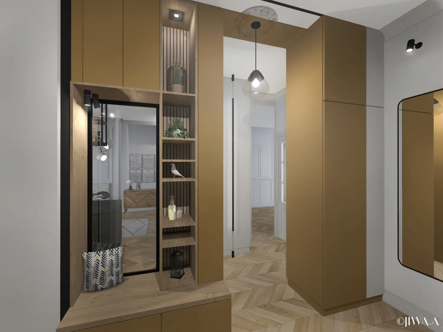 Entrée aménagée avec rangements sur mesure et niches décoratives dans un appartement lyonnais rénové.