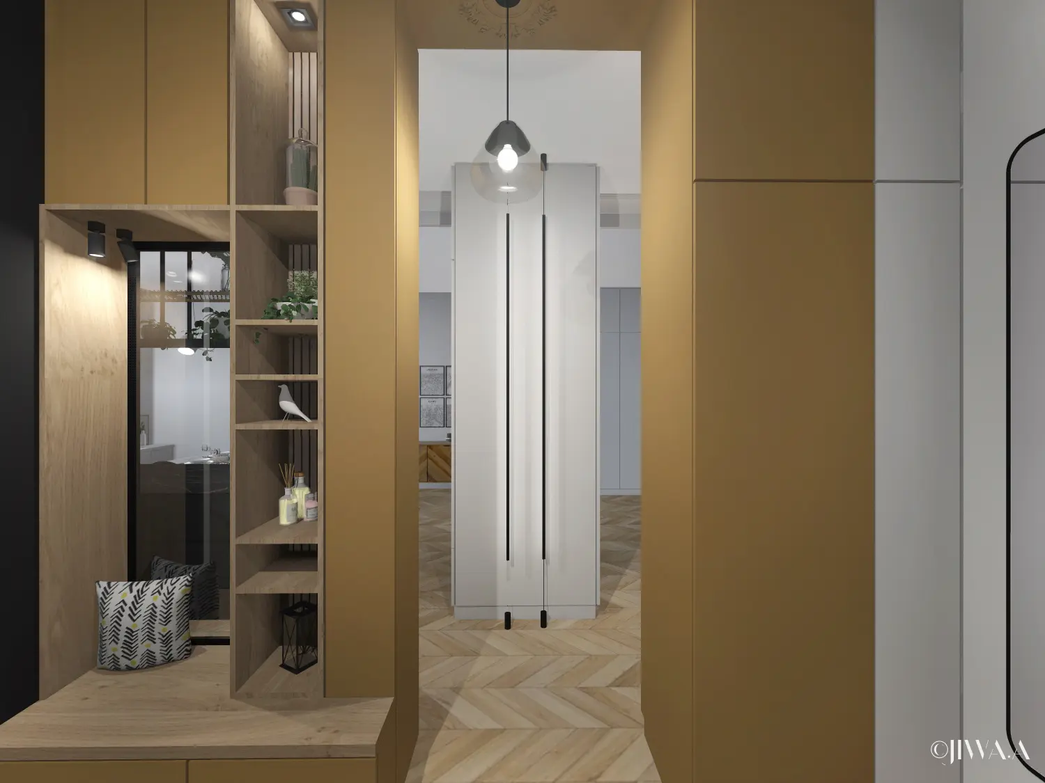 Entrée de l’appartement rénové, avec rangements intégrés et panneaux contemporains aux teintes chaudes.