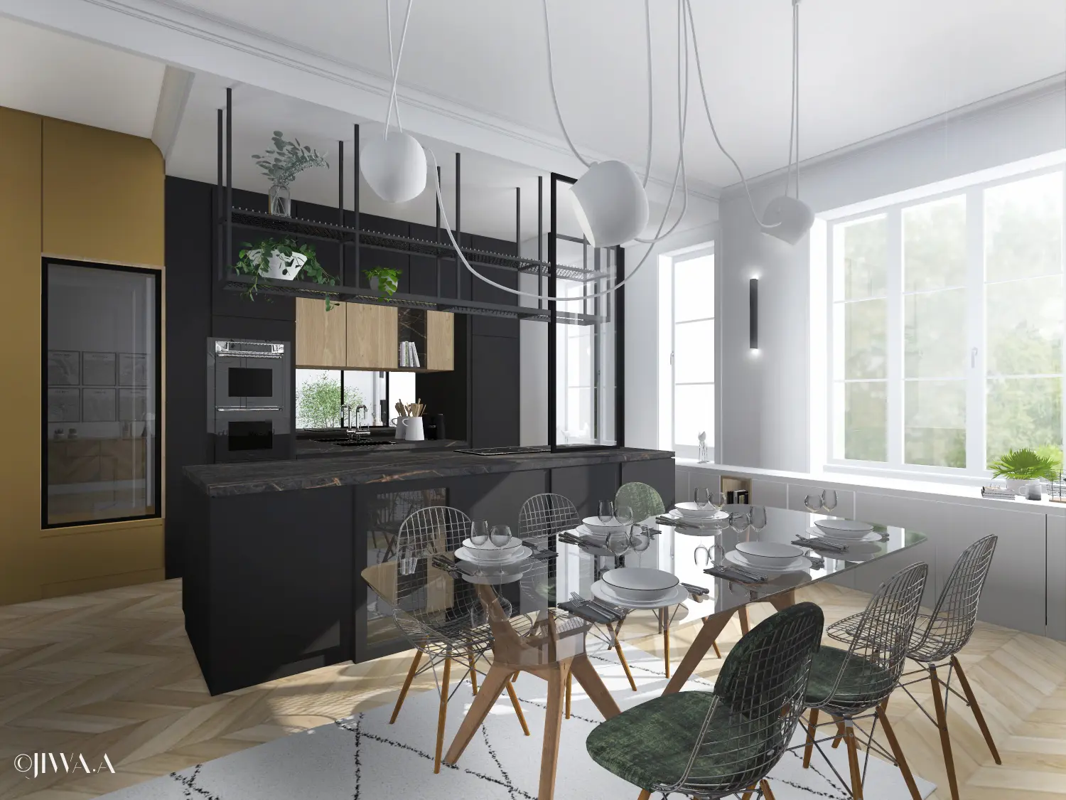 Aménagement d’une cuisine ouverte avec espace repas.