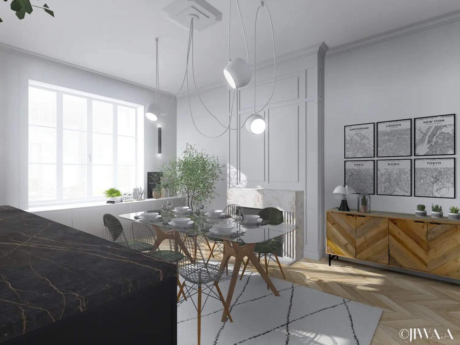 Salle à manger lumineuse ouverte sur la cuisine, mêlant matériaux naturels et design épuré.