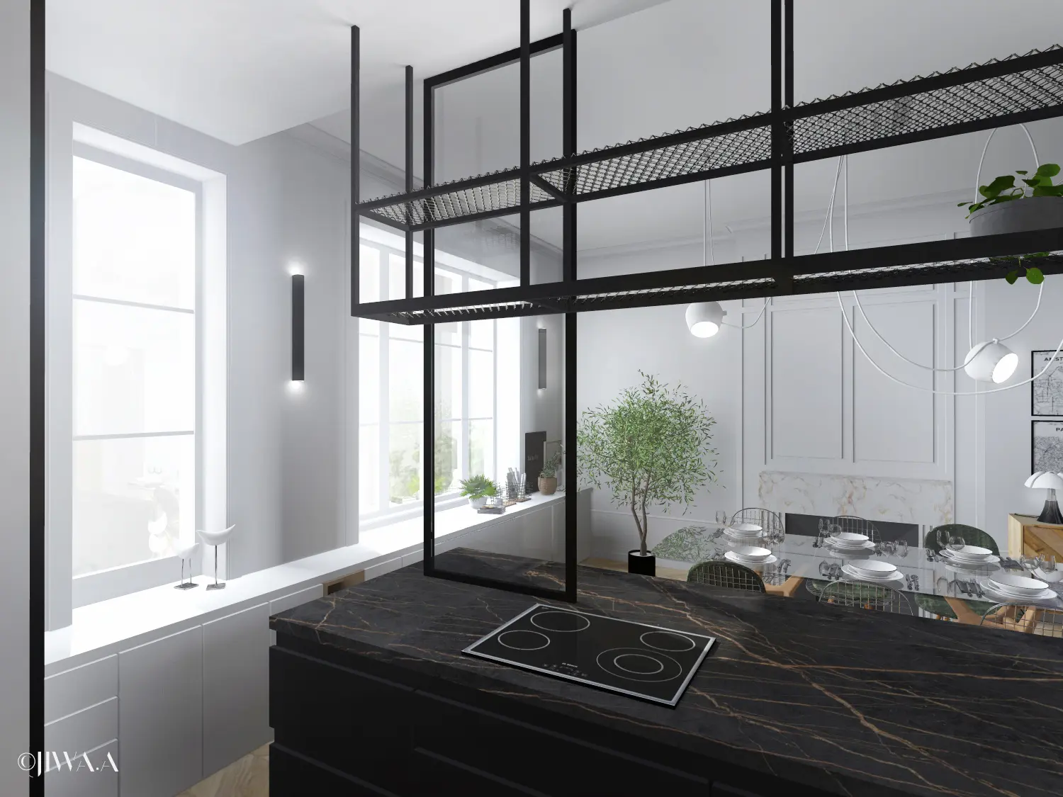 Détail du plan de travail sombre en cuisine, avec structure métallique suspendue et vue sur la salle à manger.