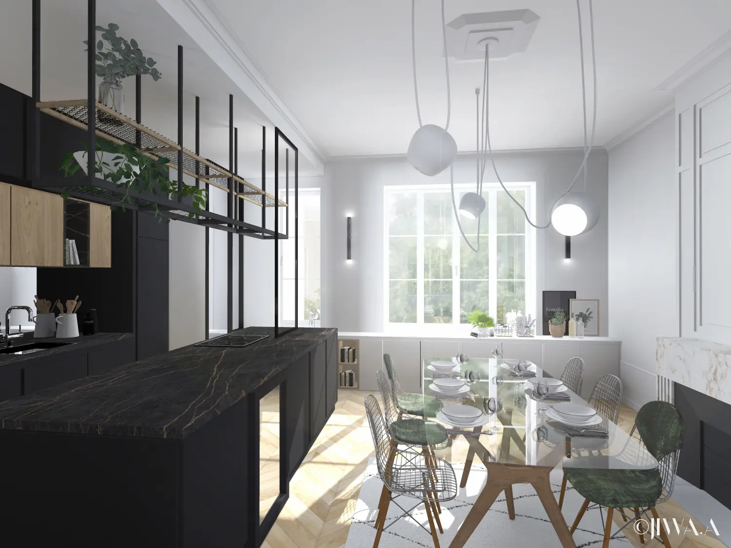 Perspective sur la cuisine et la salle à manger, dans un intérieur contemporain aux accents noirs et bois.