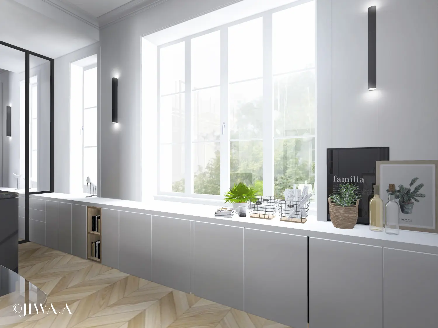 Aménagement d’un plan de travail sous fenêtre avec rangements discrets.