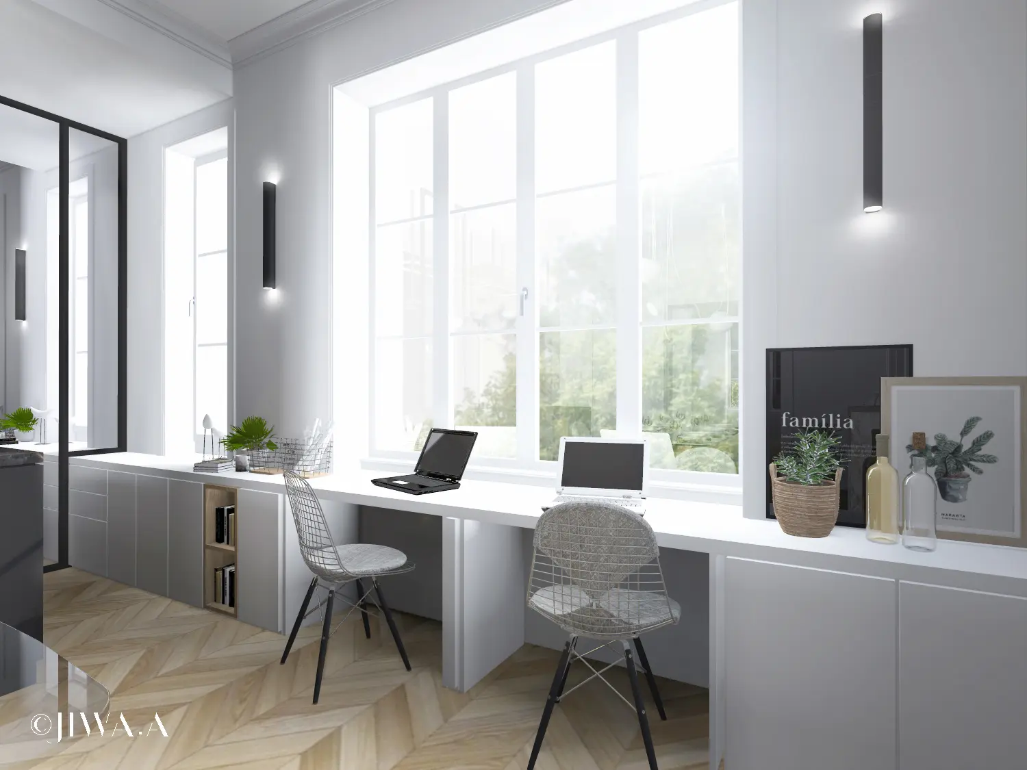 Espace bureau double sous grande fenêtre, avec mobilier épuré et touches végétales.