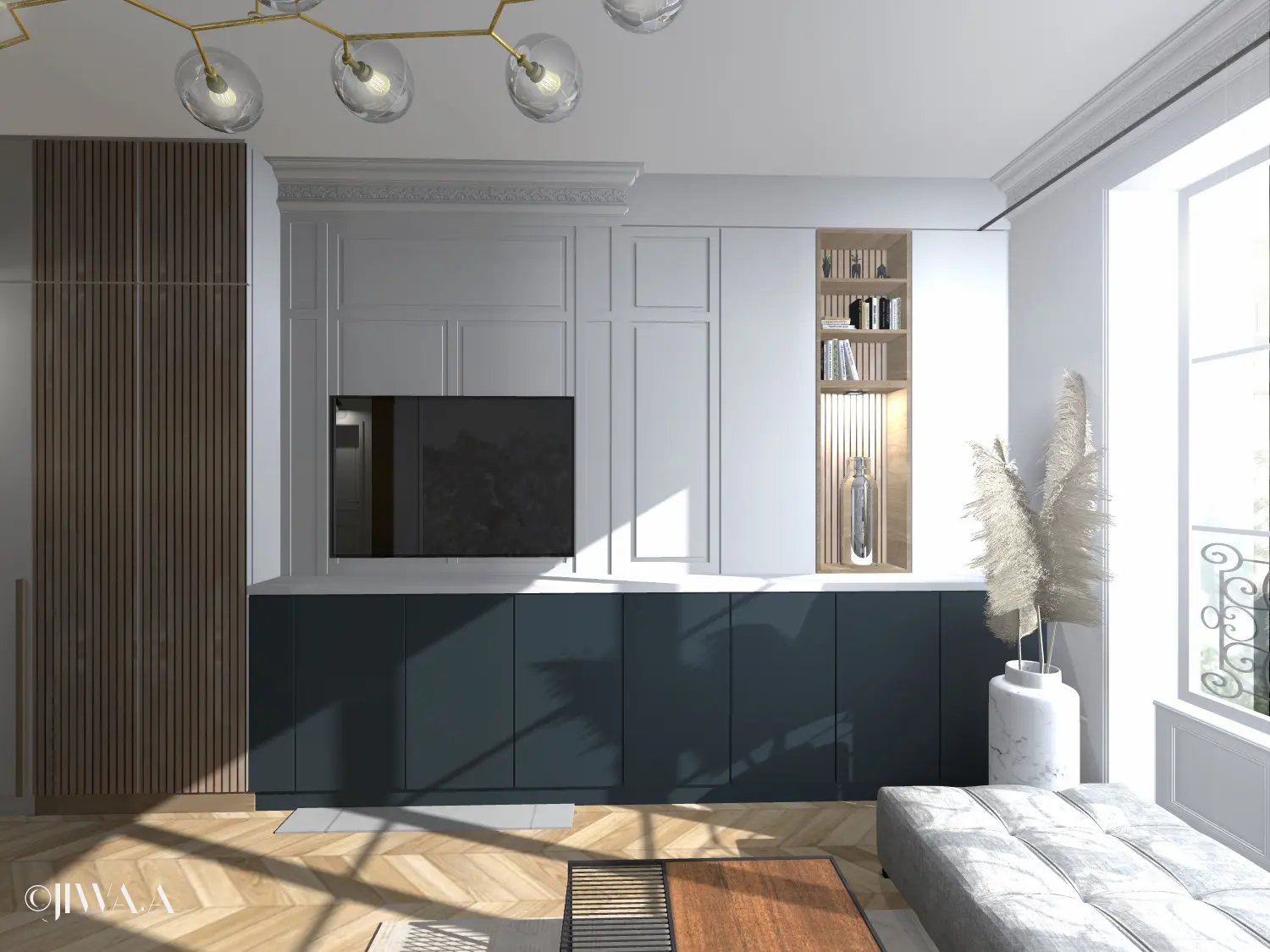 Aménagement sur mesure d’un mur TV avec rangements.