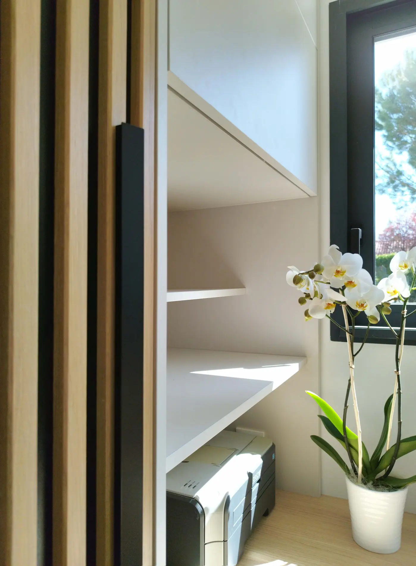 Orchidée placée près de la fenêtre sur un bureau en bois clair.