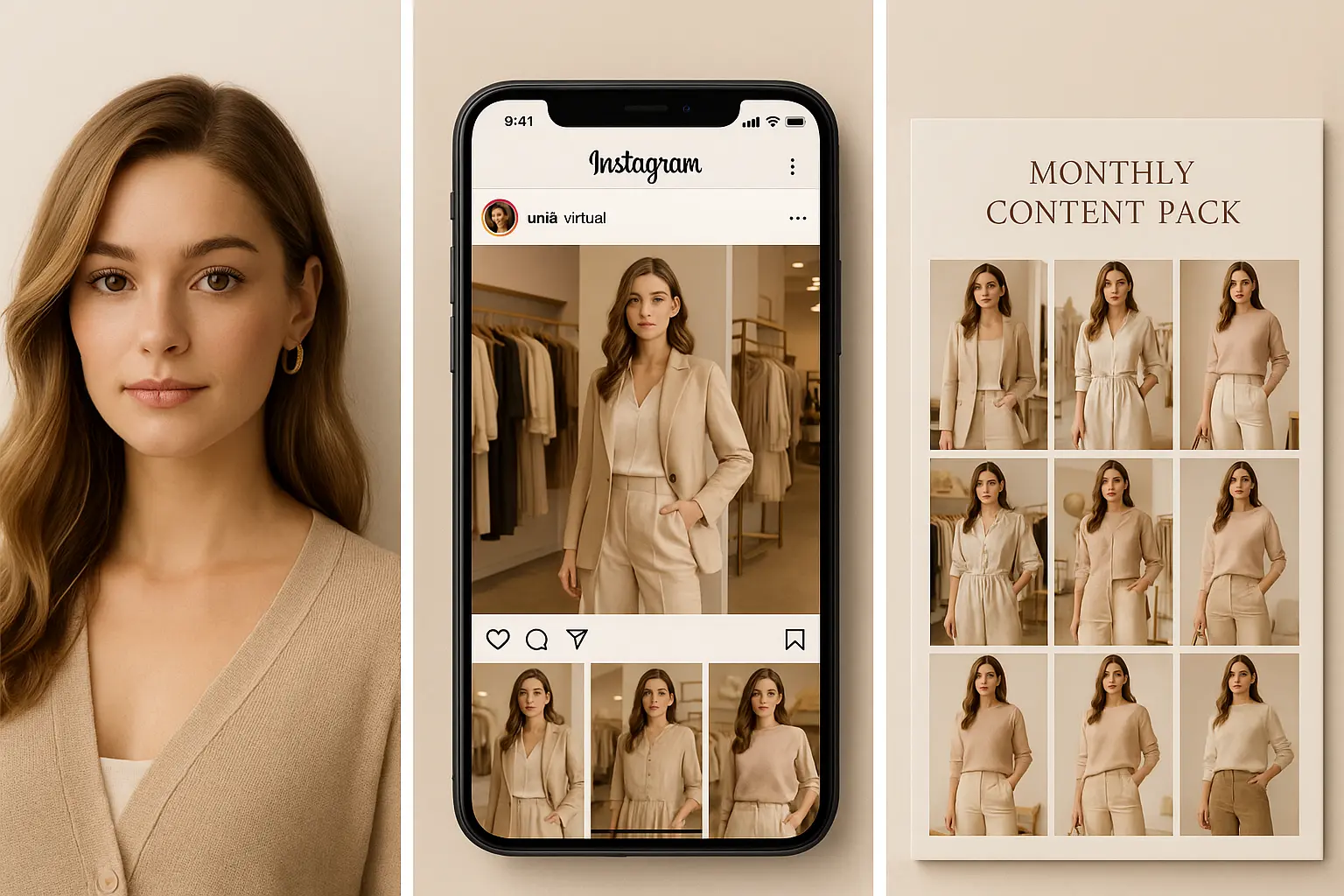 Mockups de posts avec l’influenceuse IA LUNIA pour Lune Boutique