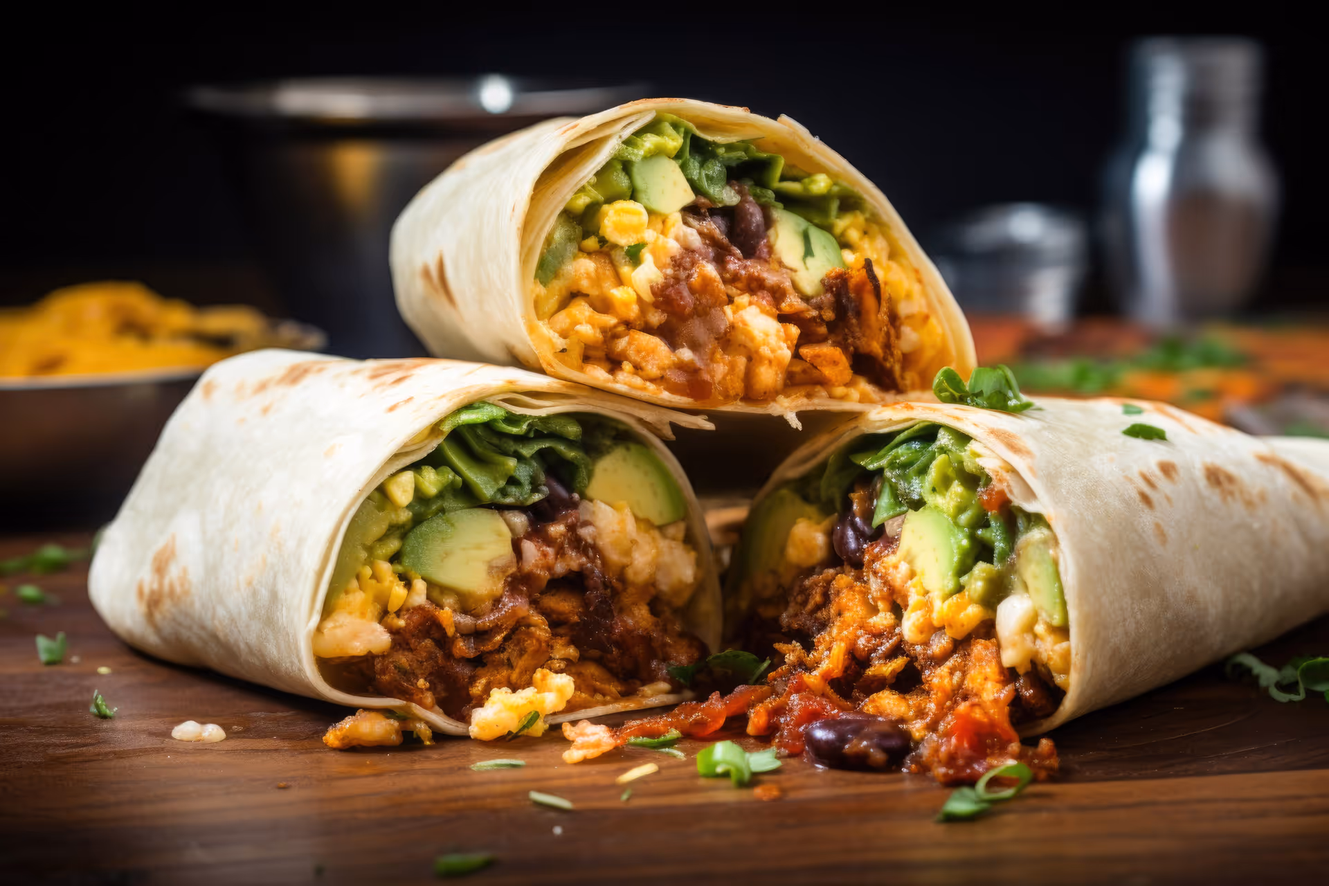 A burrito with meat and vegetables on a wooden table.