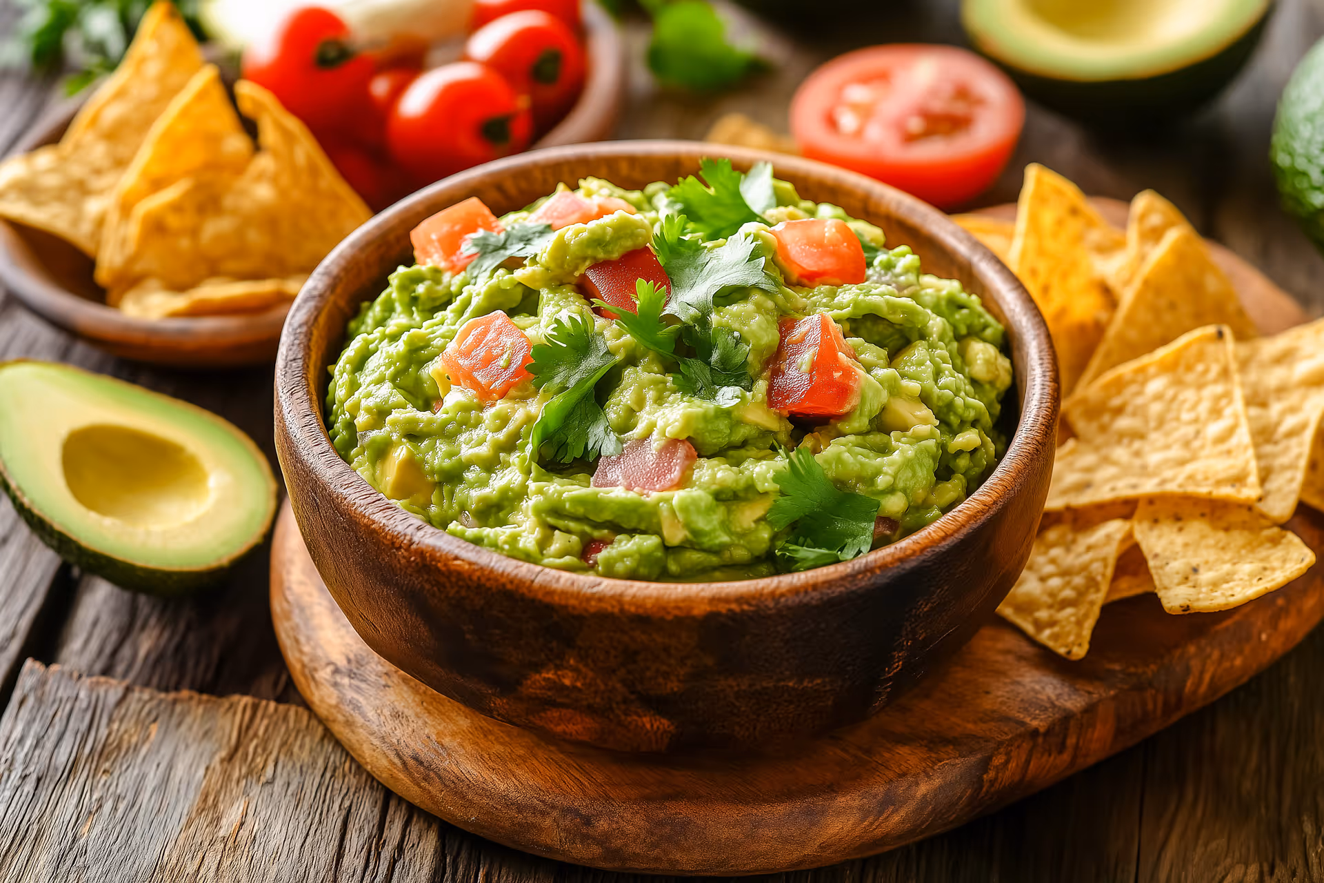 A bowl of guacamole with tomatoes and jalapenos.