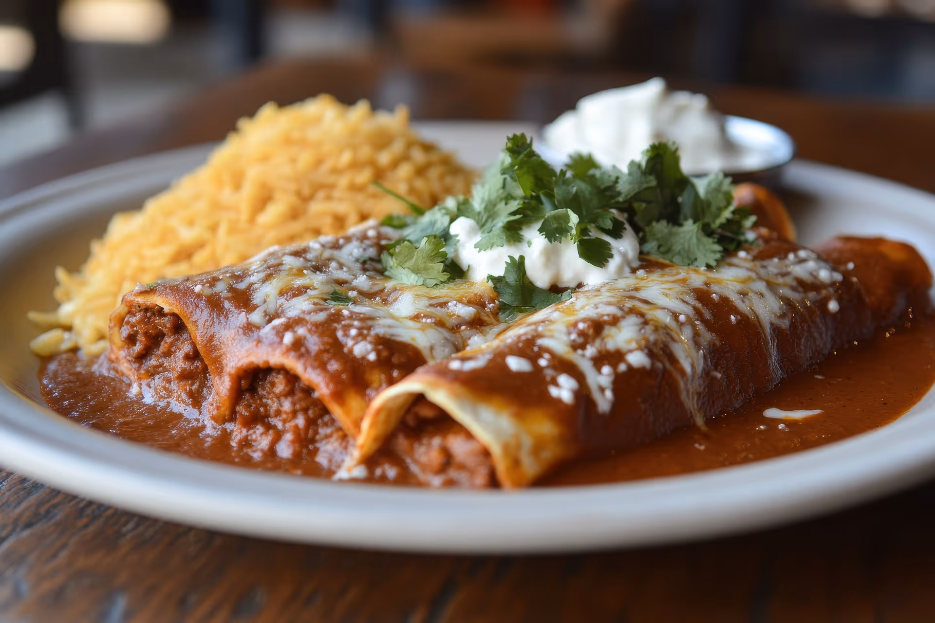 A plate of food with a burrito and rice on it.