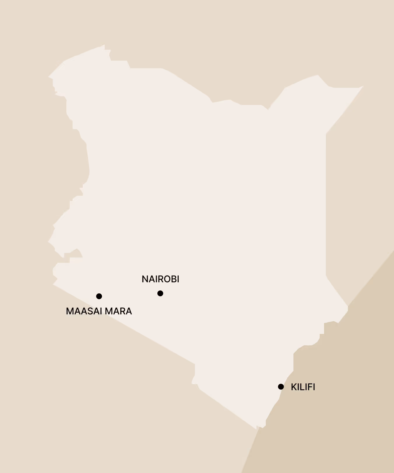Map outline of Kenya showing locations of Maasai Mara, Nairobi, and Kilifi marked with black dots.