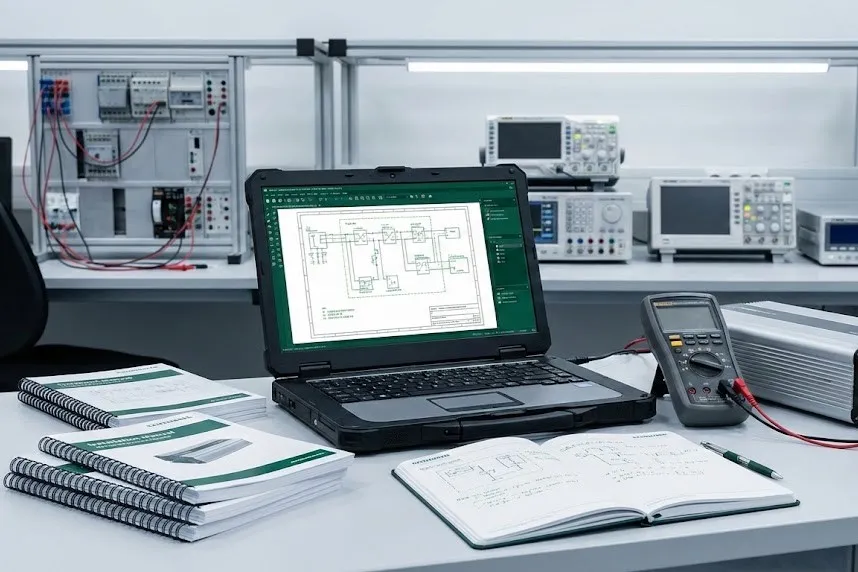 Workstation with a laptop displaying a circuit diagram, calibration manuals, an open notebook with handwritten notes, and a digital multimeter in an electronics lab.