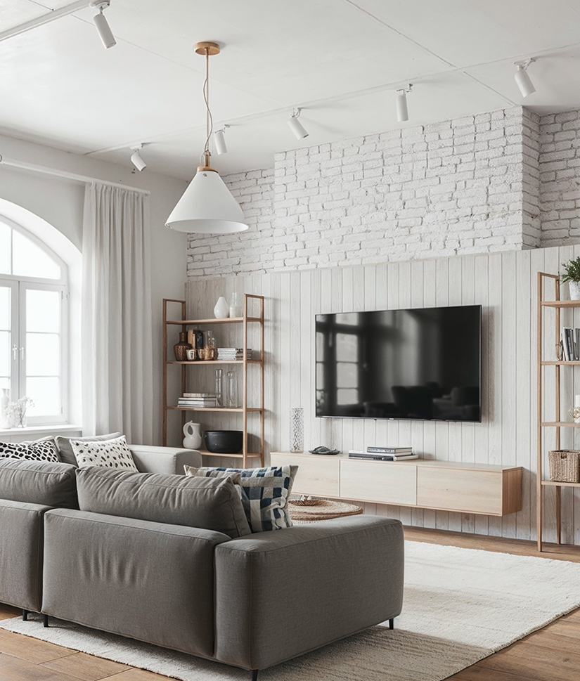 Bright modern living room with gray sectional sofa, patterned pillows, wall-mounted TV, wooden shelves, and large window with white curtains.