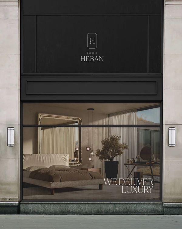 Elegancka witryna Galerii Heban z widokiem na nowoczesną sypialnię z dużym łóżkiem