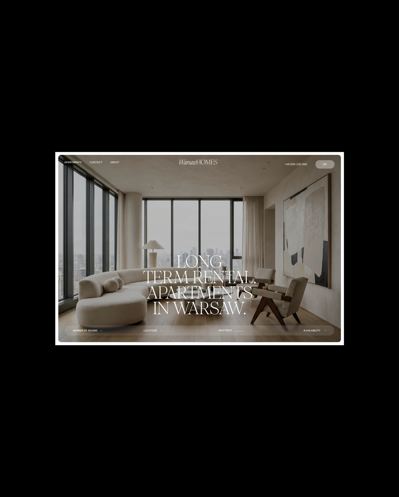 Strona internetowa Warsaw Homes, widok interfejsu wyszukiwarki apartamentów