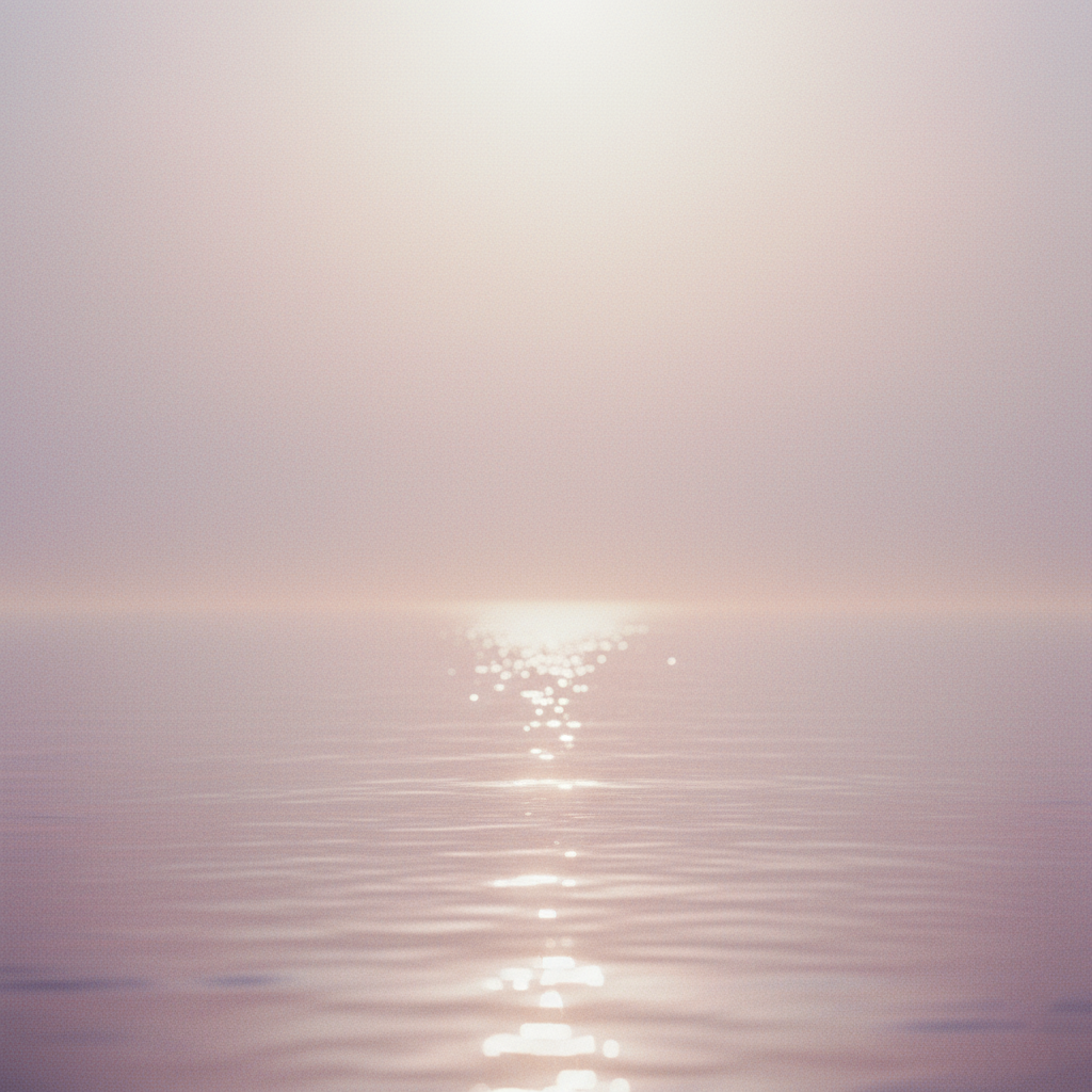 Soft pastel-toned ocean surface with sunlight reflecting on the water under a bright sky.