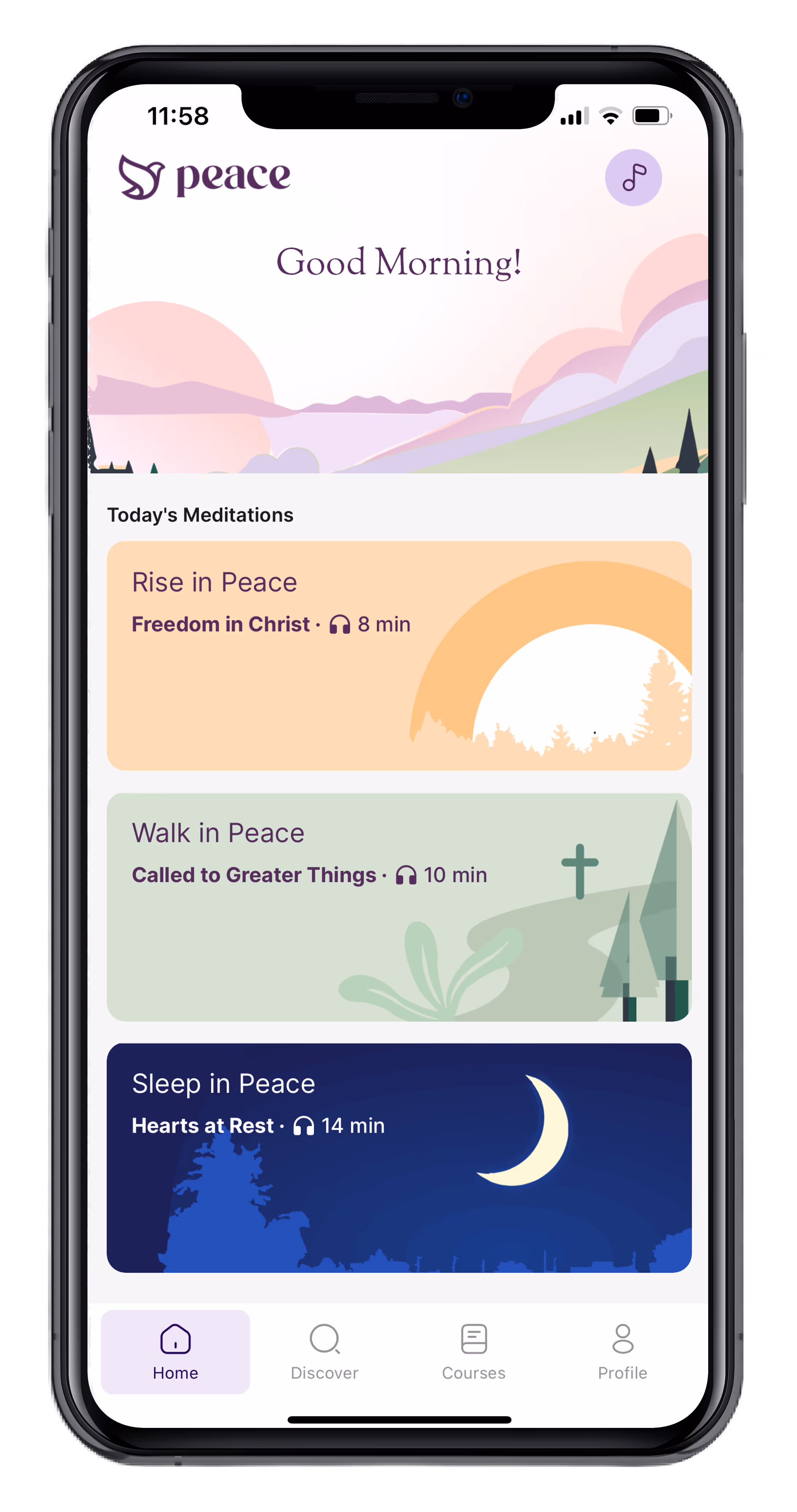 Smartphone screen showing 'Peace' meditation app with greeting 'Good Morning!' and three meditation options: Rise in Peace, Walk in Peace, Sleep in Peace, each with duration and thematic artwork.