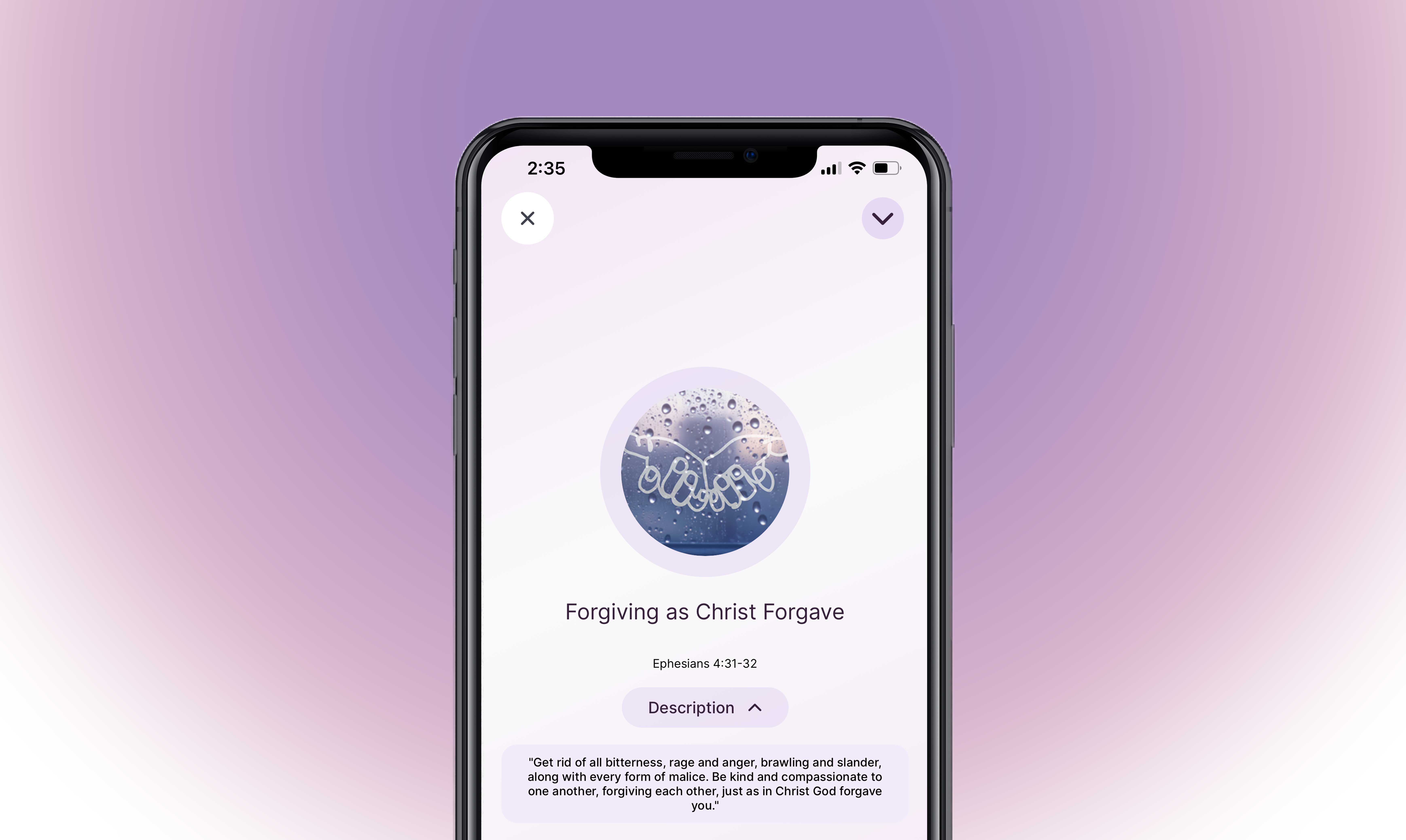Smartphone screen displaying a devotional titled 'Forgiving as Christ Forgave' with a handshake icon and a Bible verse from Ephesians 4:31-32 about kindness and forgiveness.