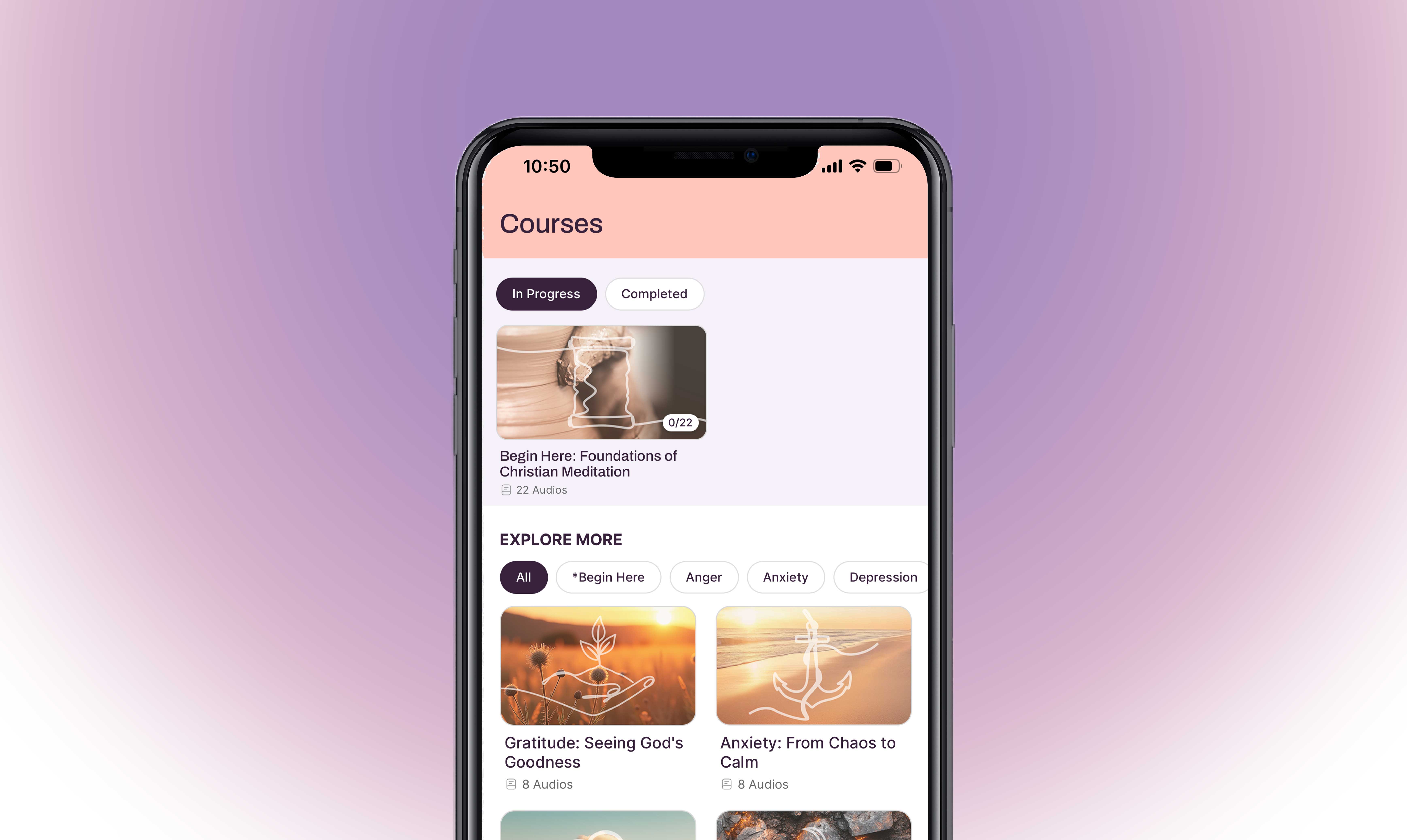 Smartphone screen showing a meditation app with courses including 'Foundations of Christian Meditation,' 'Gratitude: Seeing God's Goodness,' and 'Anxiety: From Chaos to Calm.'