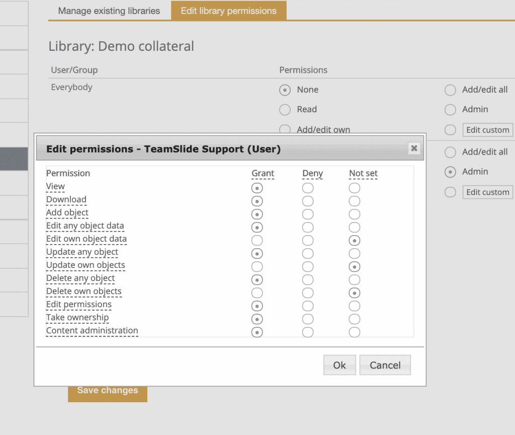 custom slide library permissions in TeamSlide