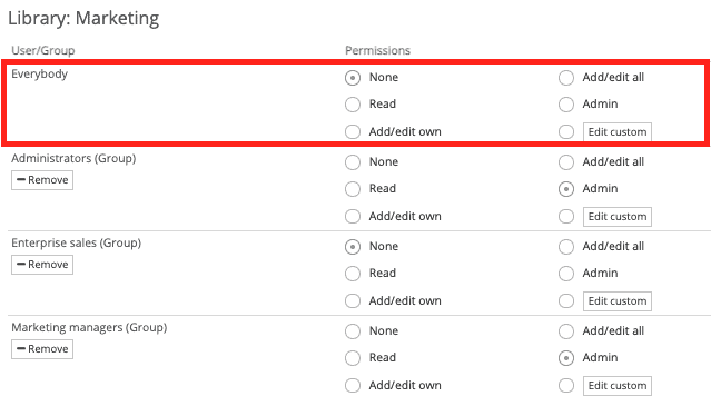 User permissions rows