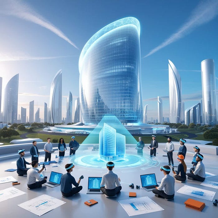 Construction team using VR and AI in a futuristic urban setting
