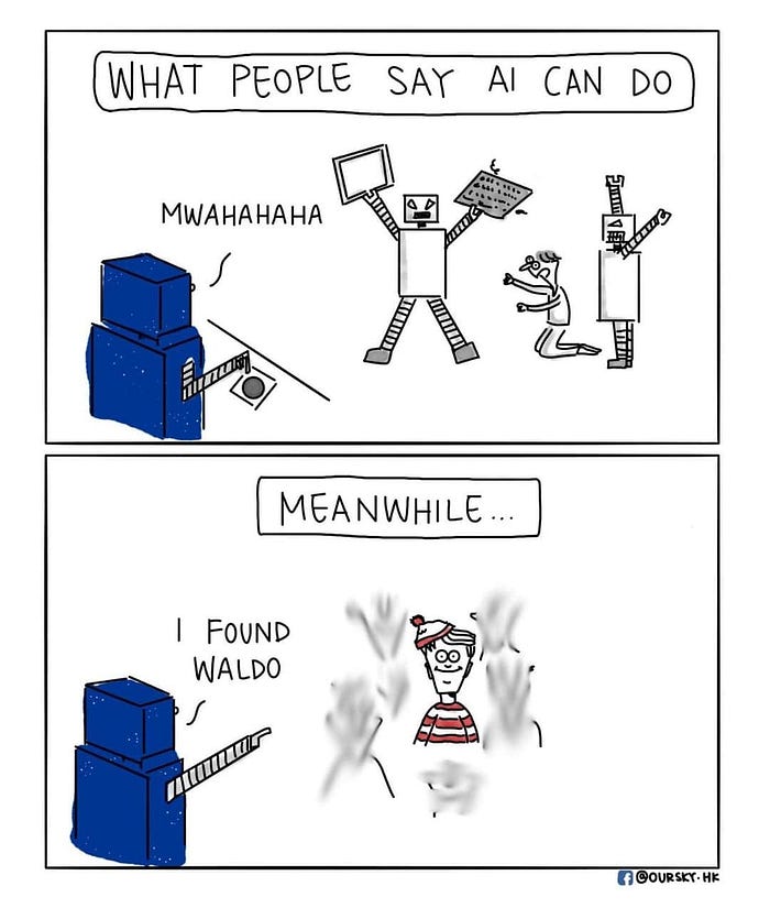 A humorous cartoon contrasting expectations of AI with its current capabilities