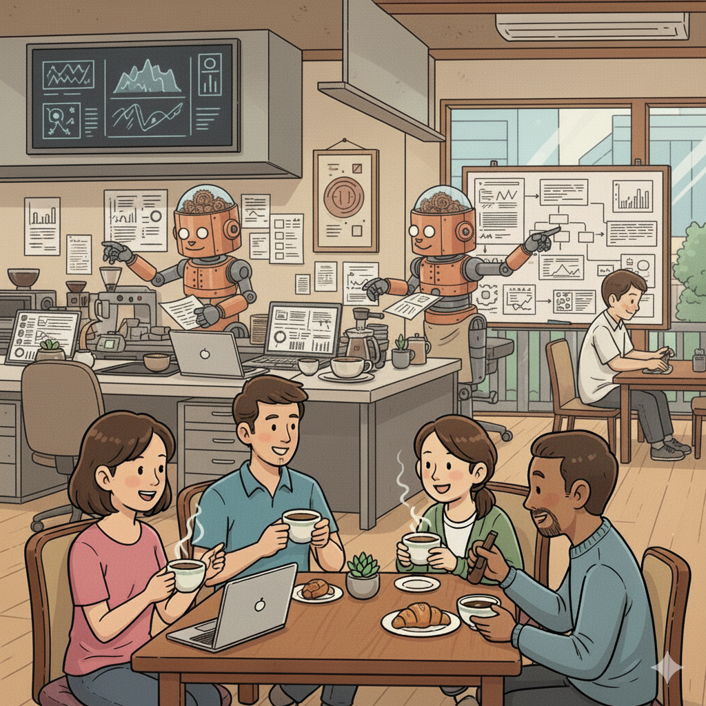 AI bots working in the background while people can do other things (like drink coffee)