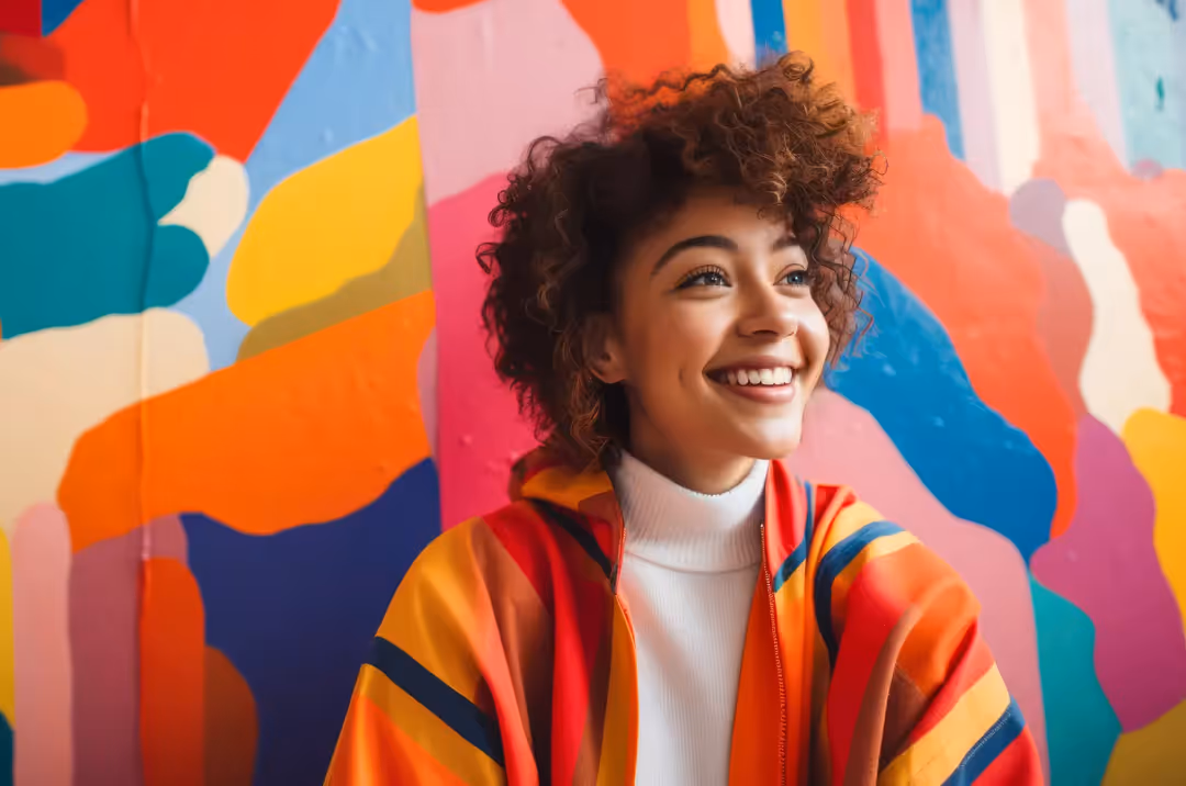 Smiling young woman with curly hair wearing a colorful jacket in front of a vibrant abstract mural.