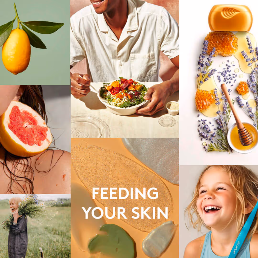 Collage featuring a lemon on a branch, a man eating a colorful salad, a honey and lavender lotion bottle, a laughing child holding a blue toothbrush, a woman with a grapefruit on her shoulder, a person holding flowers in a field, and skincare product textures with the text 'FEEDING YOUR SKIN'.