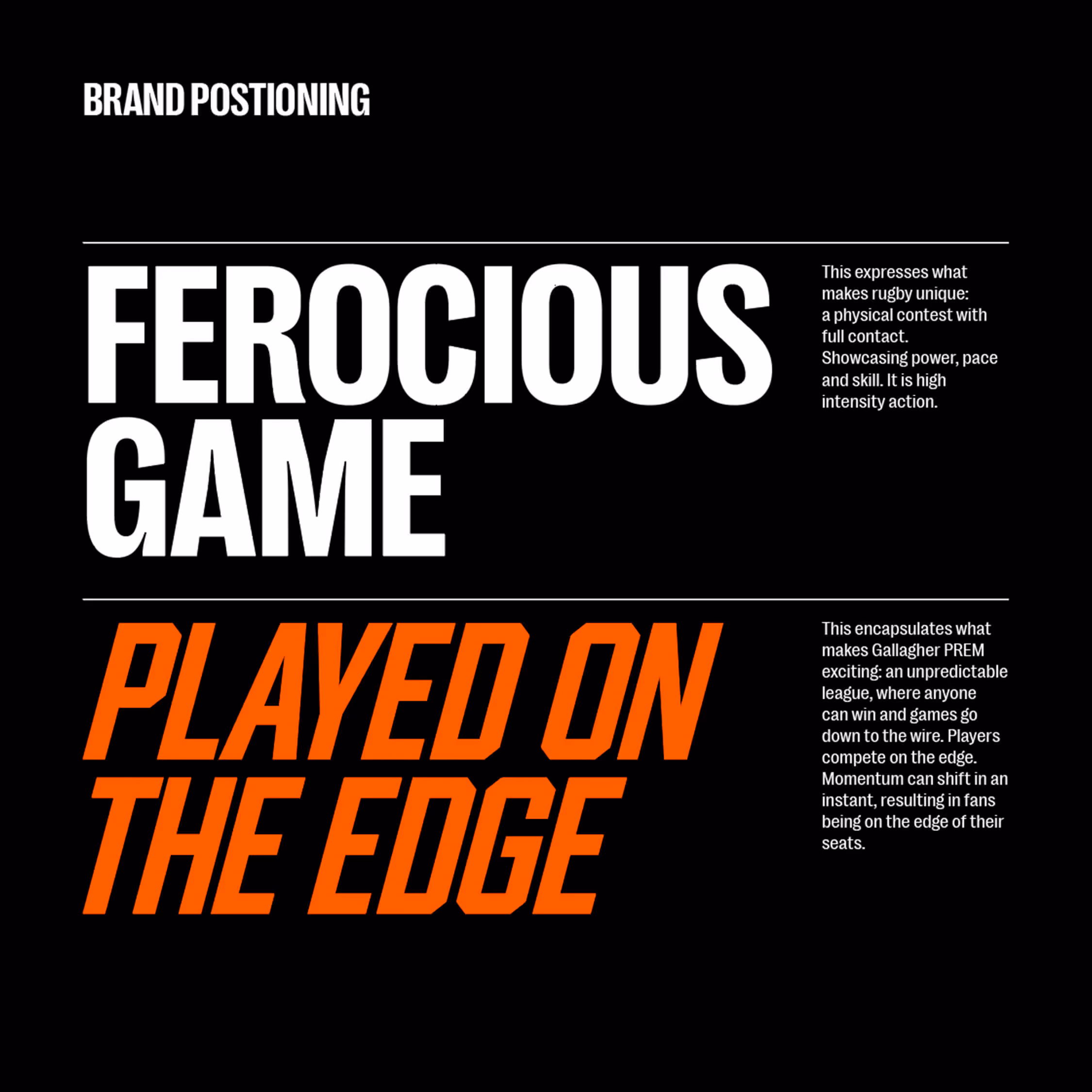 Text on black background stating 'BRAND POSITIONING' with bold white text 'FEROCIOUS GAME' and orange italic text 'PLAYED ON THE EDGE', describing rugby as a high-intensity physical contest and Gallagher PREM as an unpredictable league with edge-of-seat excitement.