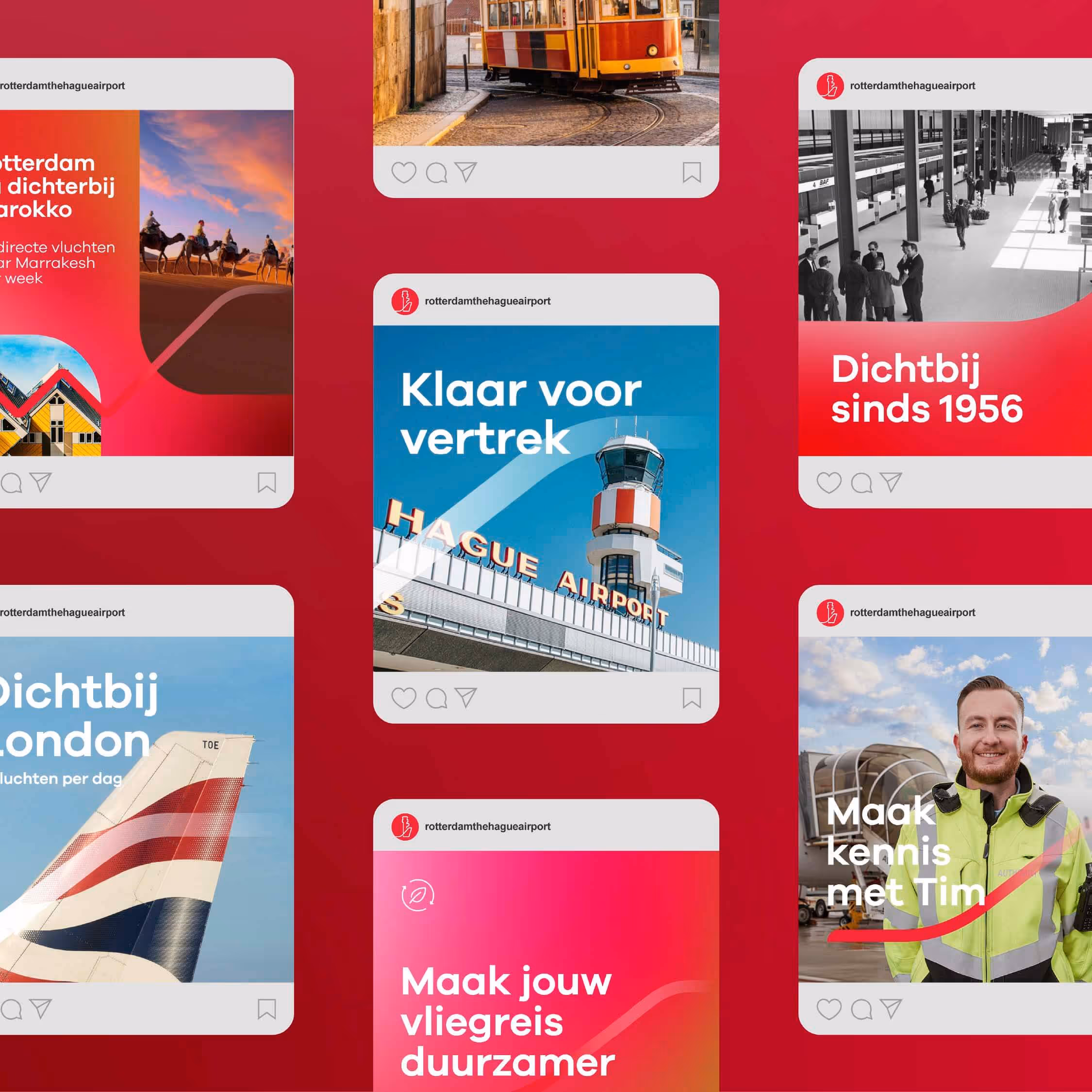 Collage of six Rotterdam The Hague Airport Instagram posts showing airport tower, airplane tail, staff member, tram, and text about flights and services in Dutch.