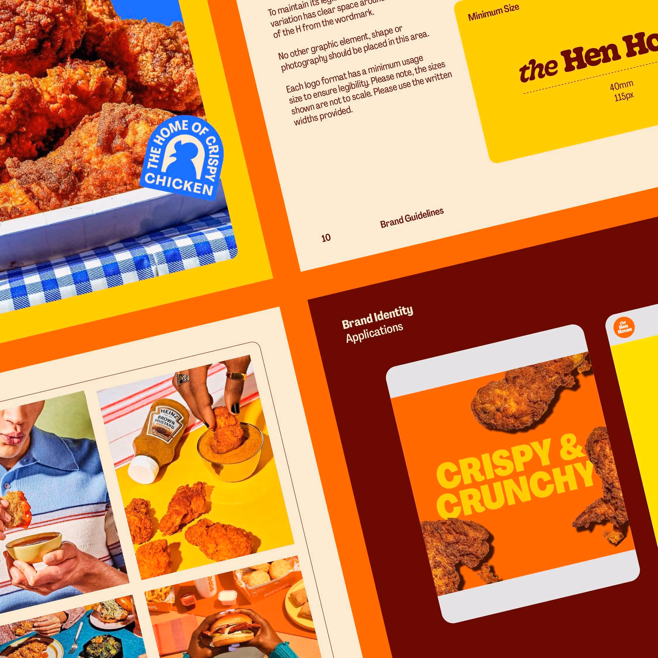 Collage of fried chicken branding elements including crispy fried chicken pieces, a 'The Home of Crispy Chicken' badge, a person dipping chicken in sauce, and a bright orange graphic with 'CRISPY & CRUNCHY' text.