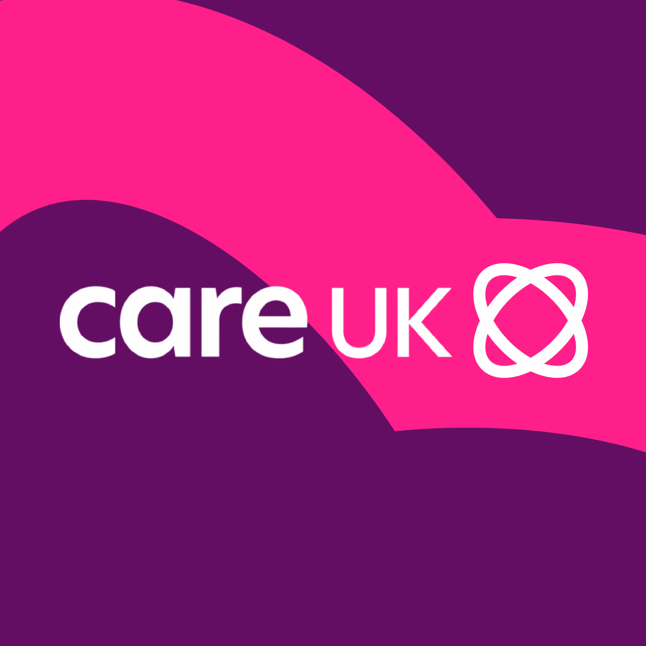 Care UK logo with white text and a looping square symbol on a purple and pink background.