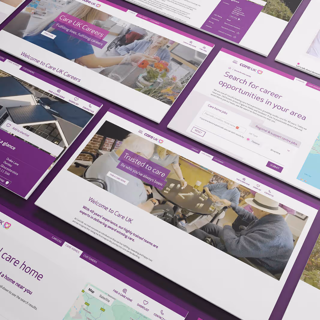Collage of Care UK website pages showing career opportunities, trusted care message, and care home search interface with purple theme.