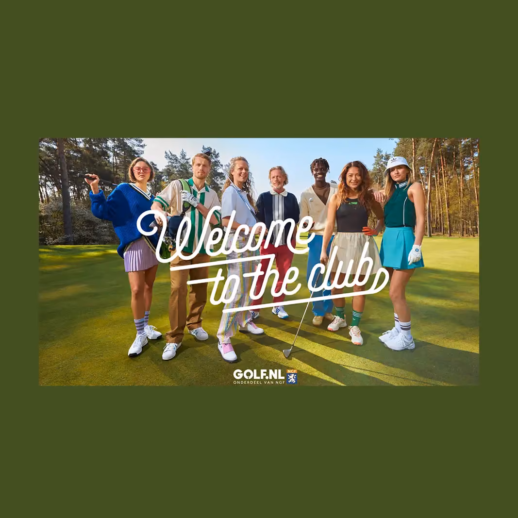 Seven diverse young adults standing on a golf course, dressed in colorful golf attire, with text overlay saying 'Welcome to the club'.
