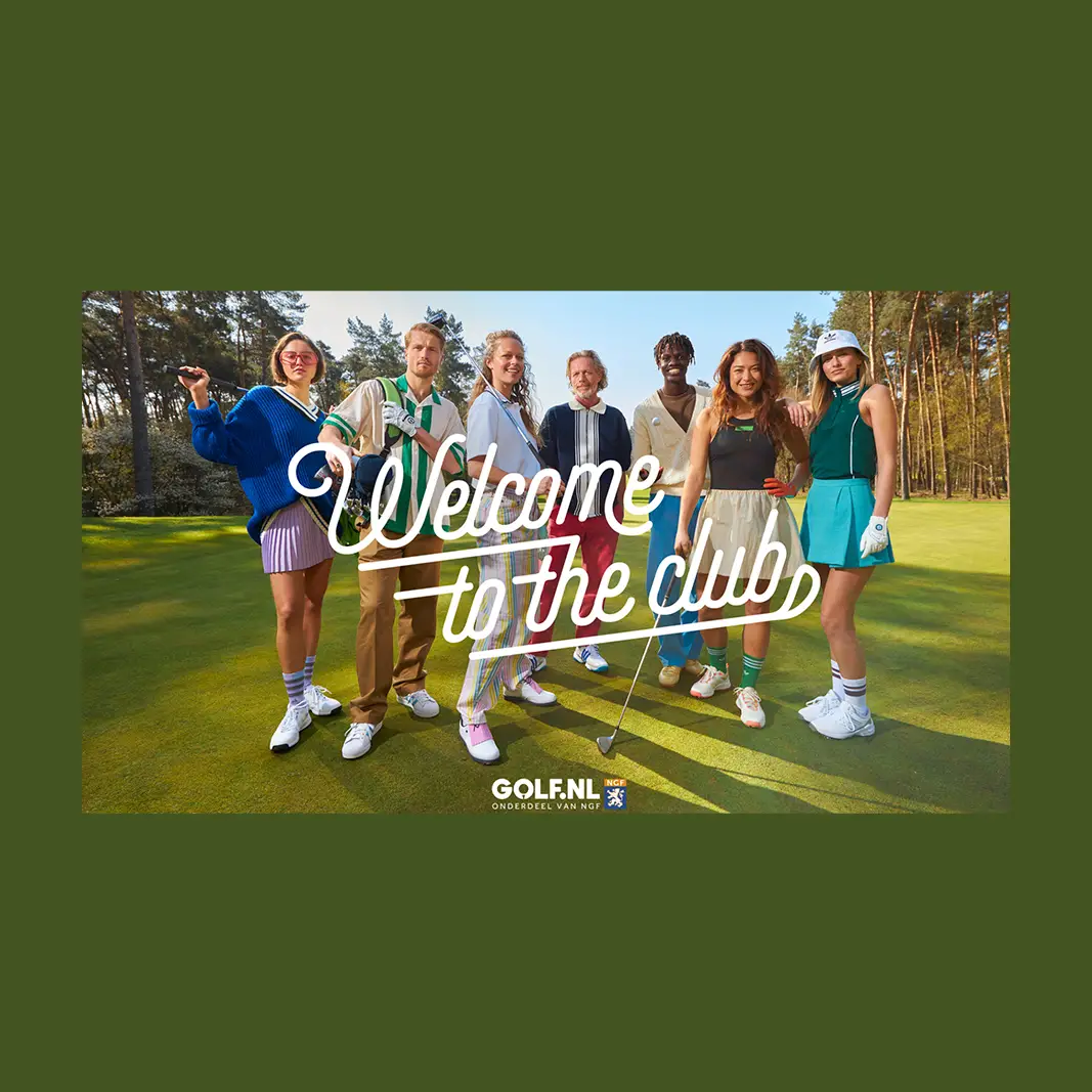 Seven diverse young adults standing on a golf course, dressed in colorful golf attire, with text overlay saying 'Welcome to the club'.