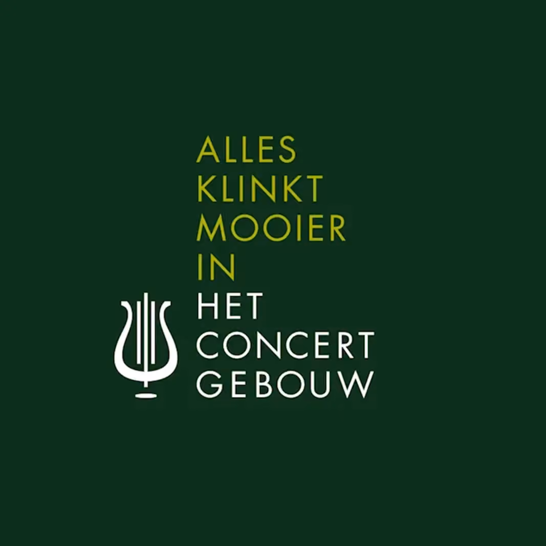 Logo with stylized lyre and Dutch text 'Alles klinkt mooier in het Concertgebouw' on dark green background.
