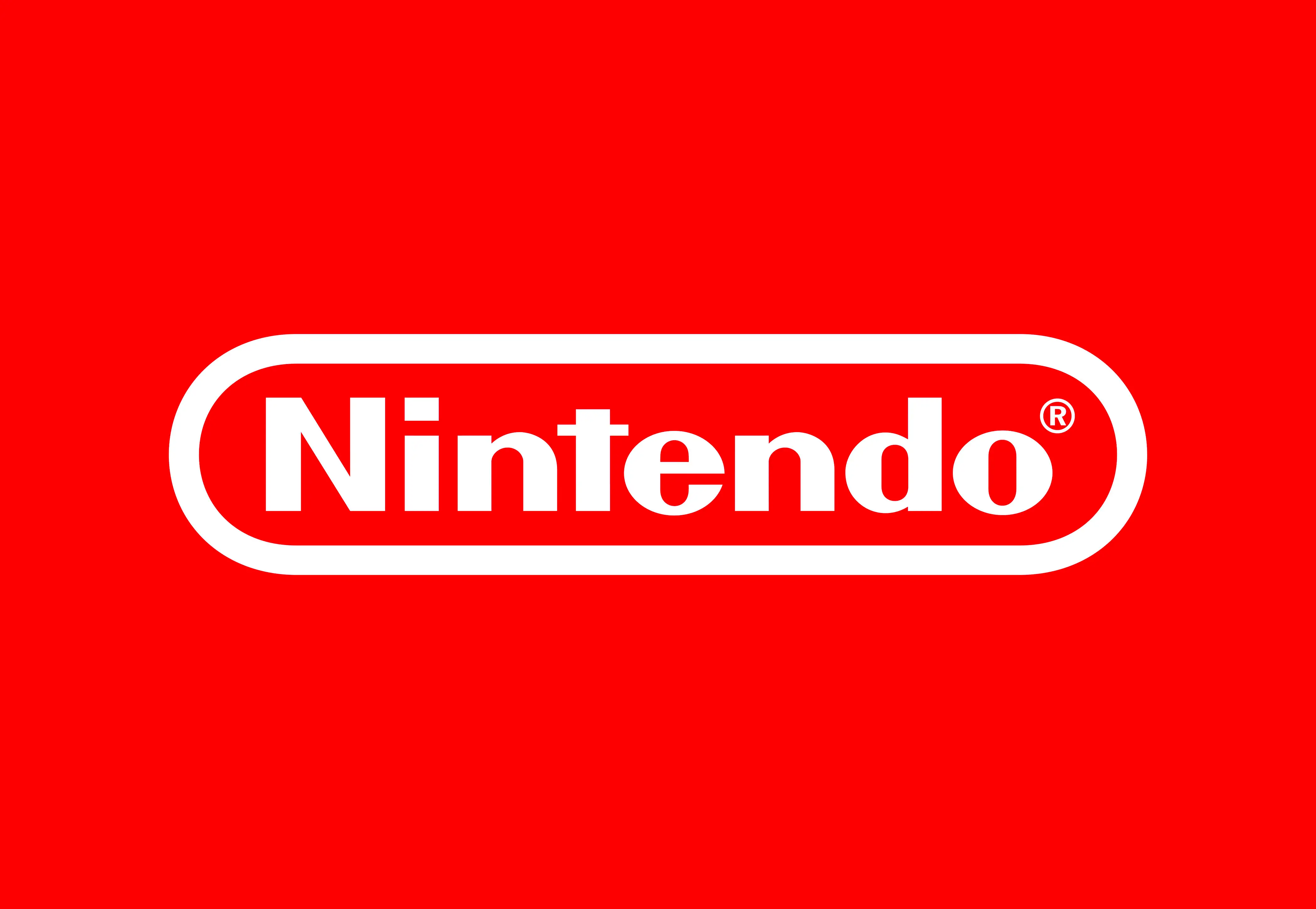 White Nintendo logo on a bright red background.