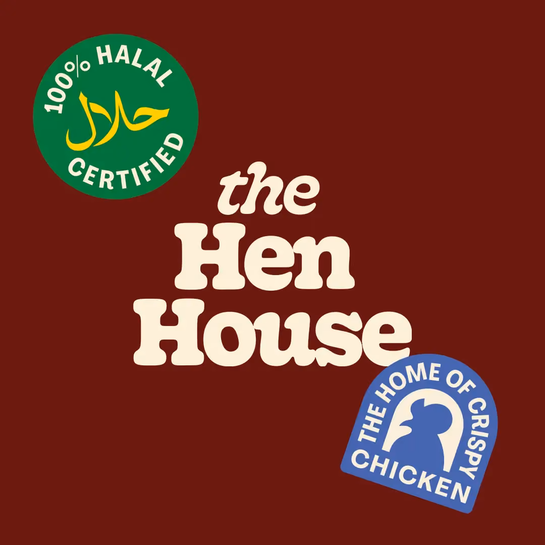 The Hen House logo with green 100% Halal Certified badge and blue The Home of Crispy Chicken badge on a dark red background.