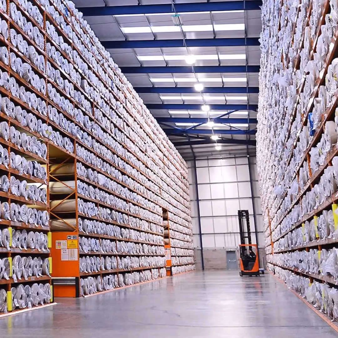 Large warehouse aisle with tall shelves filled with tightly packed rolls of fabric or material wrapped in white plastic, and an orange forklift parked in the distance.