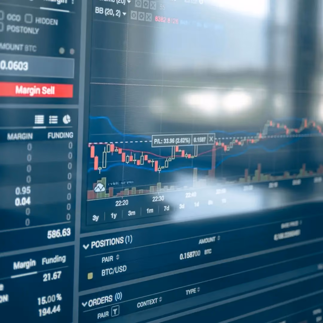 Digital trading screen showing candlestick chart, margin sell button, and BTC/USD trading positions.