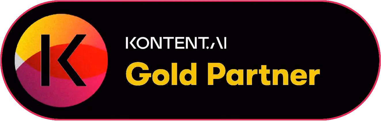 Kontent AI Gold Partner badge with a multicolored circular 'K' logo on a black background.