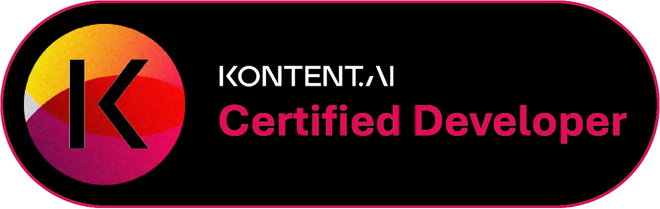 Kontent.ai Certified Developer badge with a colorful circular logo and bold pink text.